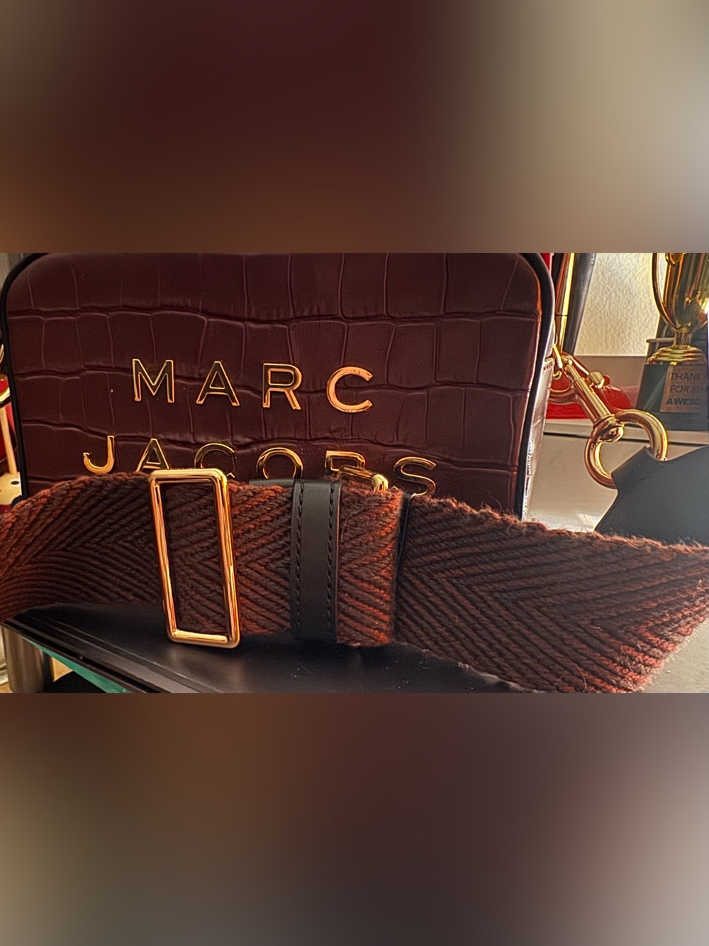 Marc Jacobs Gold Letter Croc-Embossed Leather Camera Crossbody Bag